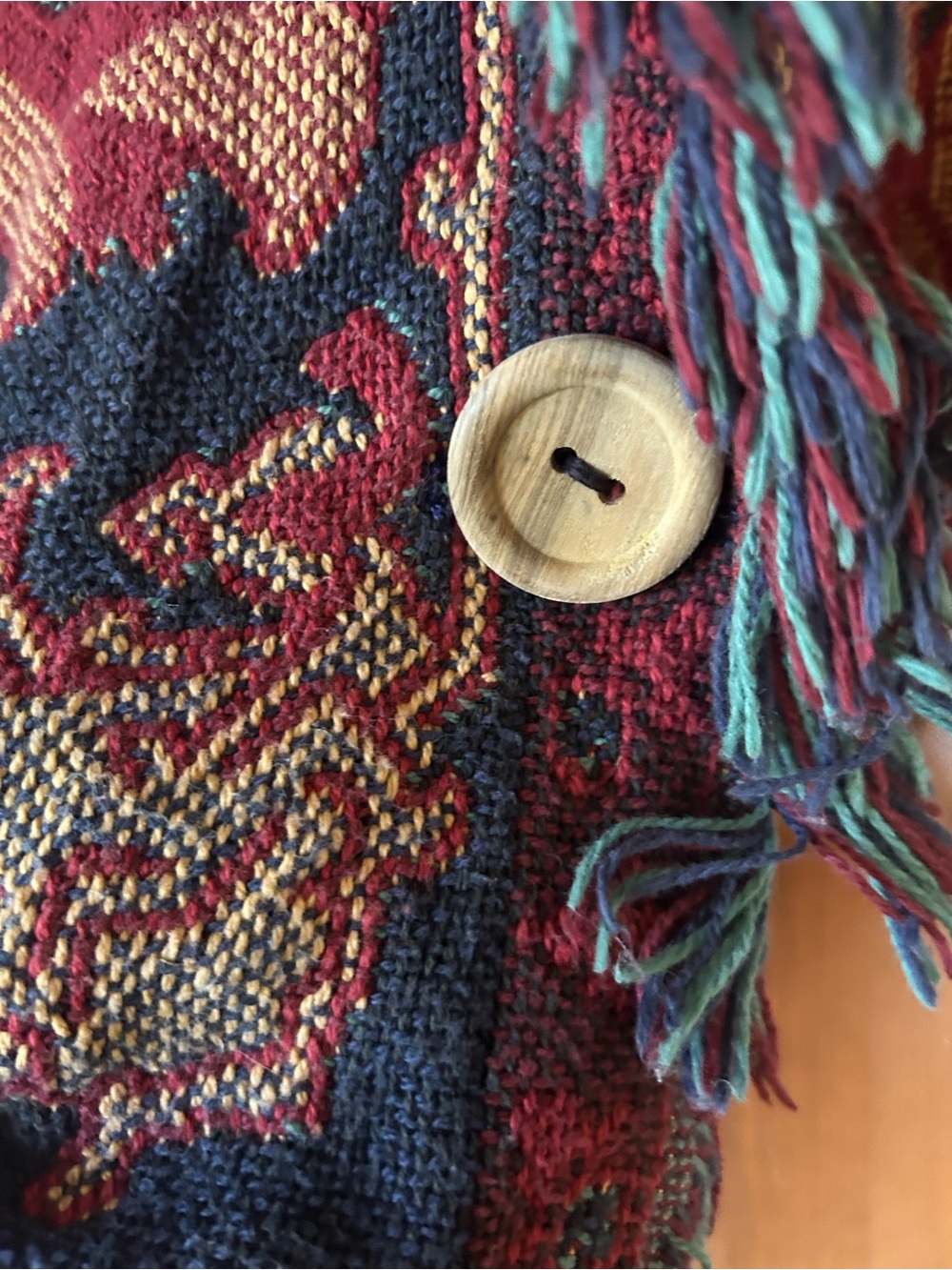 One of a Kind Handmade Women's Red & Navy Tapestry Fringed Cardigan Jacket - Picture 5 of 16
